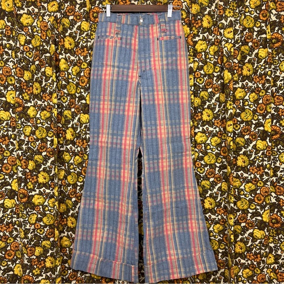 Wrangler Pants - Vintage Wrangler Blue/Red Plaid 70s Seersucker High Rise Flared Pants Size 26